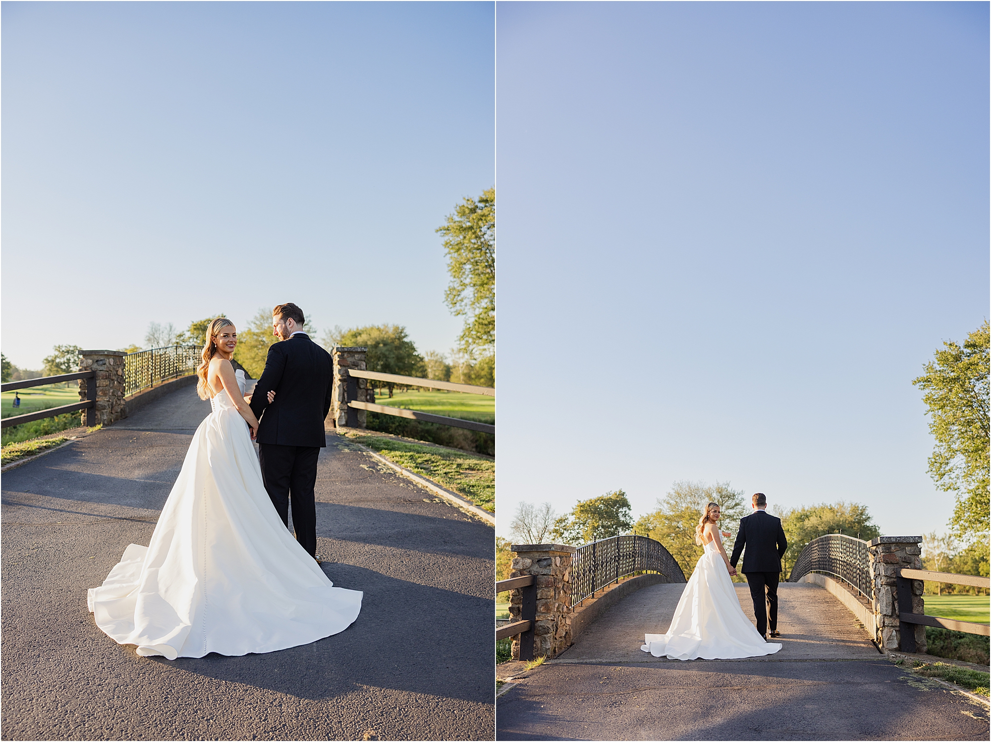 bride and groom portrait at Fiddler’s Elbow Country Club during golden hour