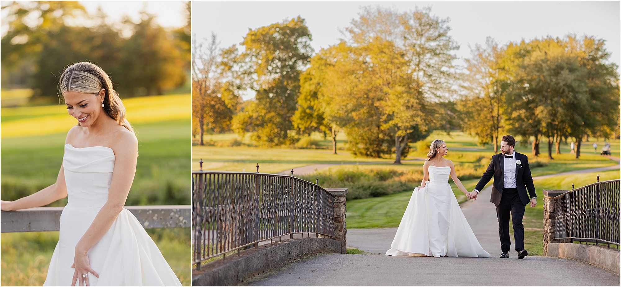bride and groom portrait at Fiddler’s Elbow Country Club during golden hour