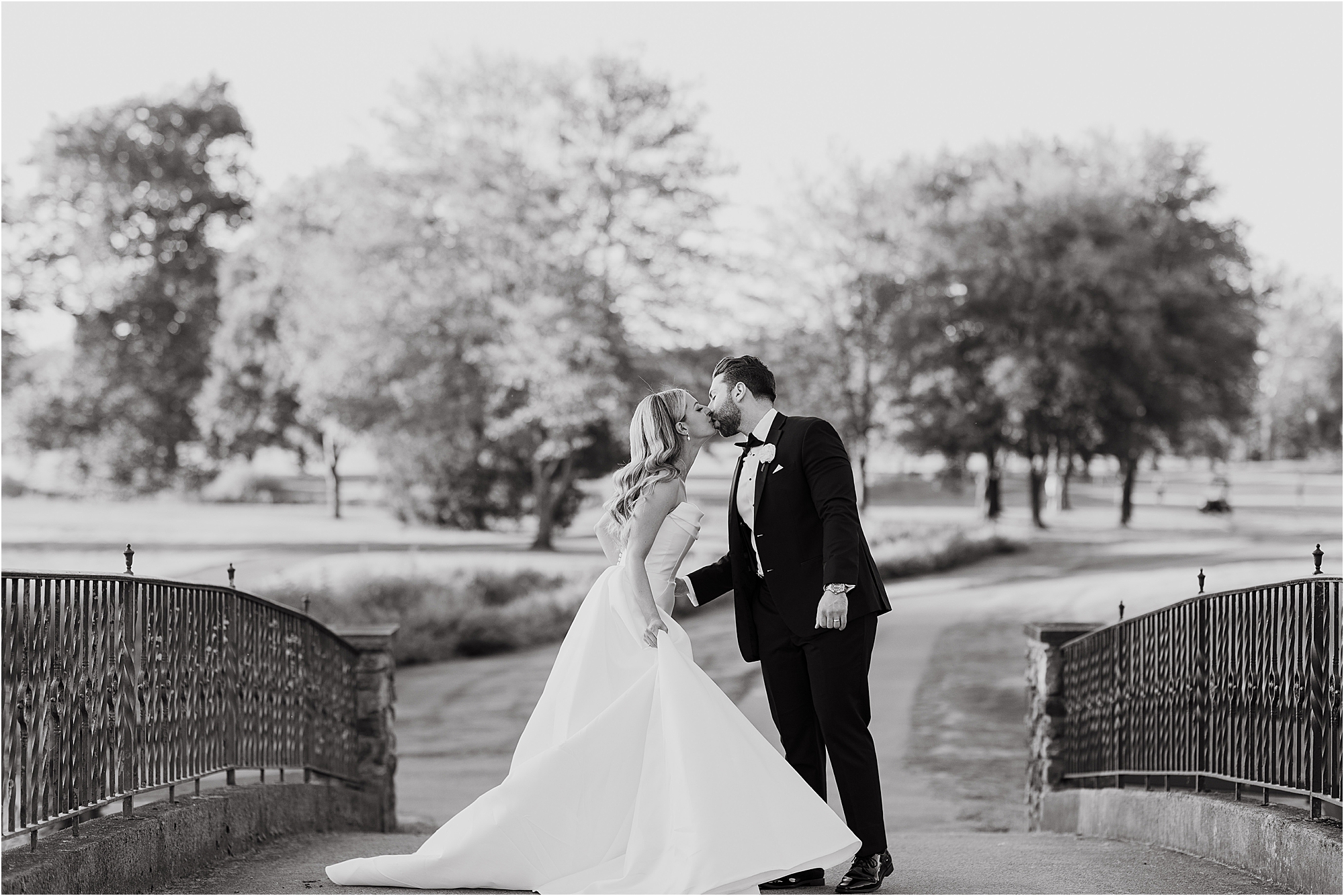 bride and groom portrait at Fiddler’s Elbow Country Club during golden hour