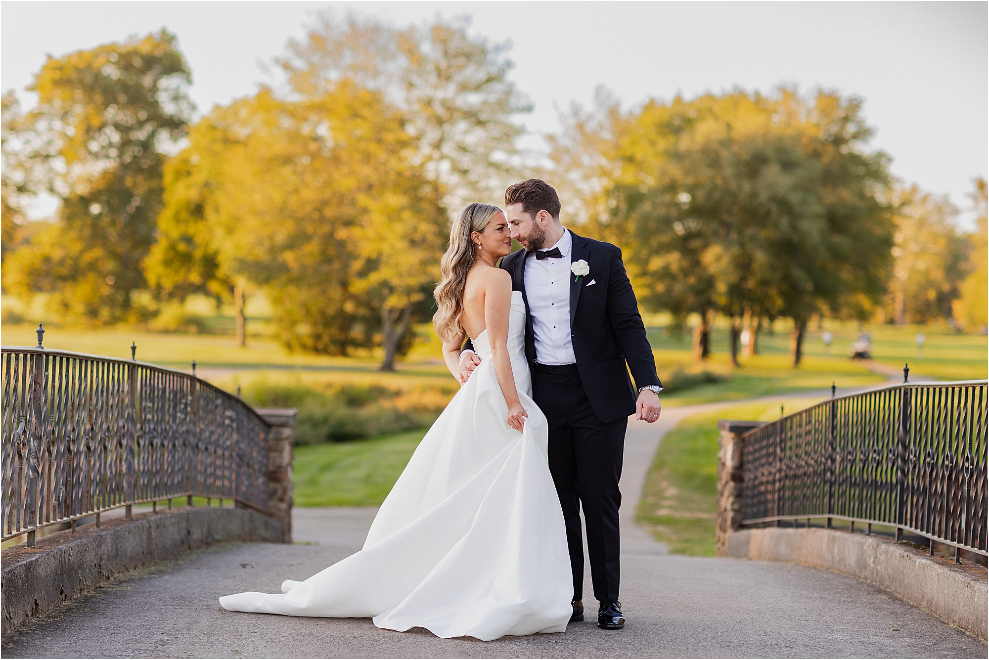 bride and groom portrait at Fiddler’s Elbow Country Club during golden hour