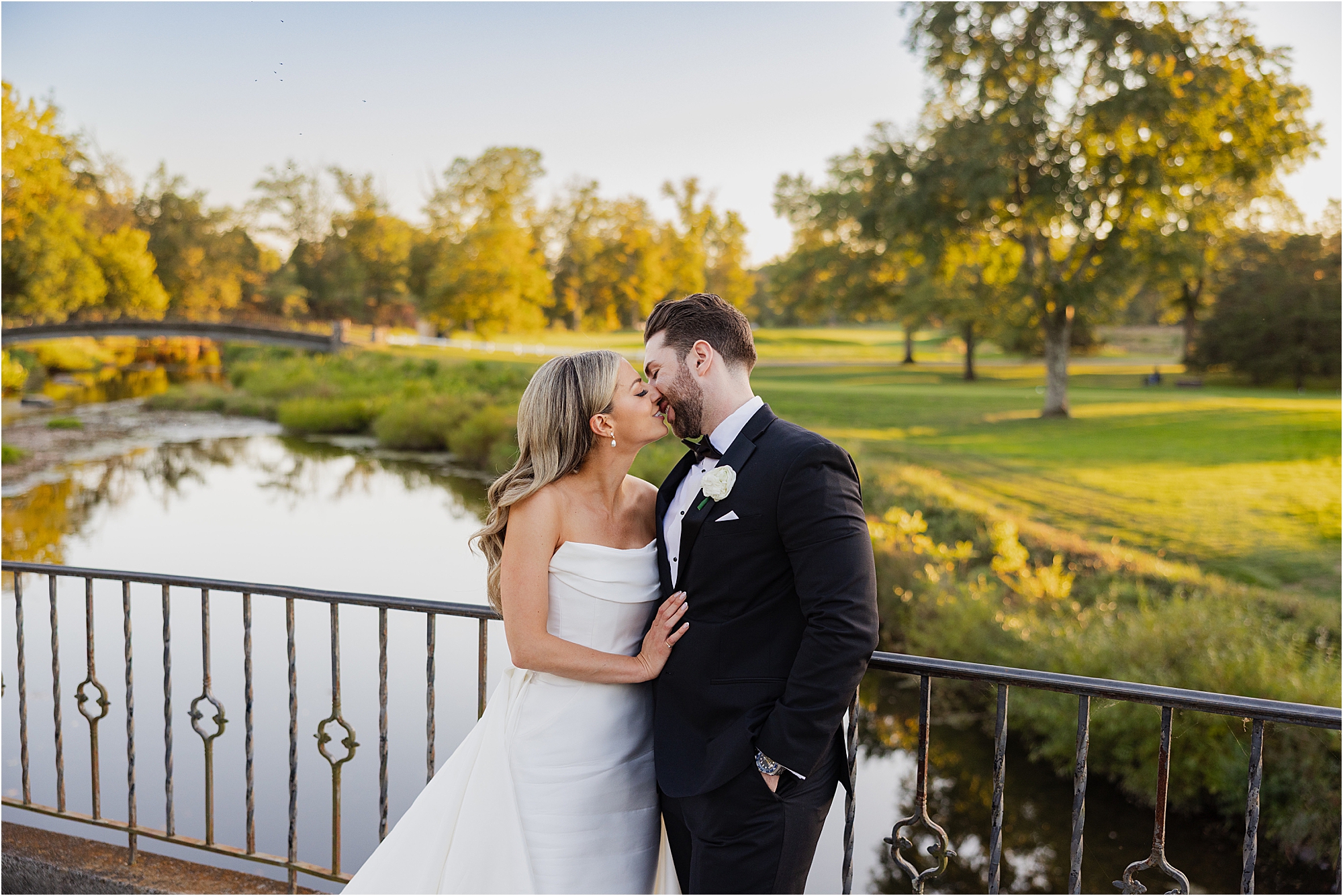 bride and groom portrait at Fiddler’s Elbow Country Club during golden hour