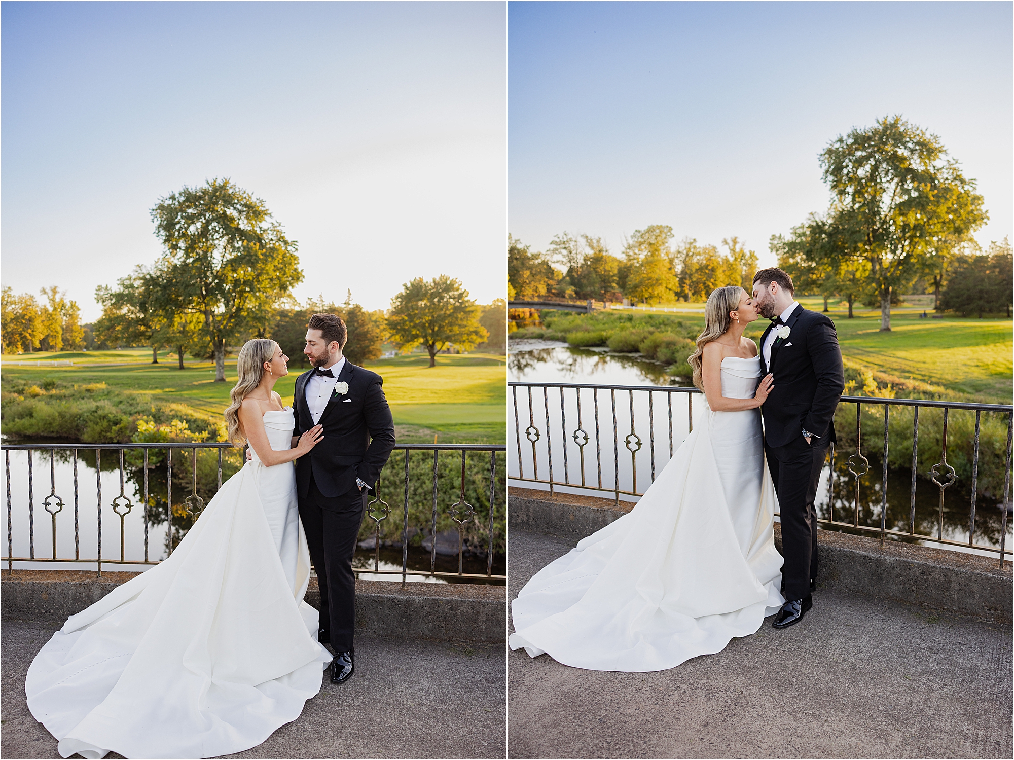 bride and groom portrait at Fiddler’s Elbow Country Club during golden hour