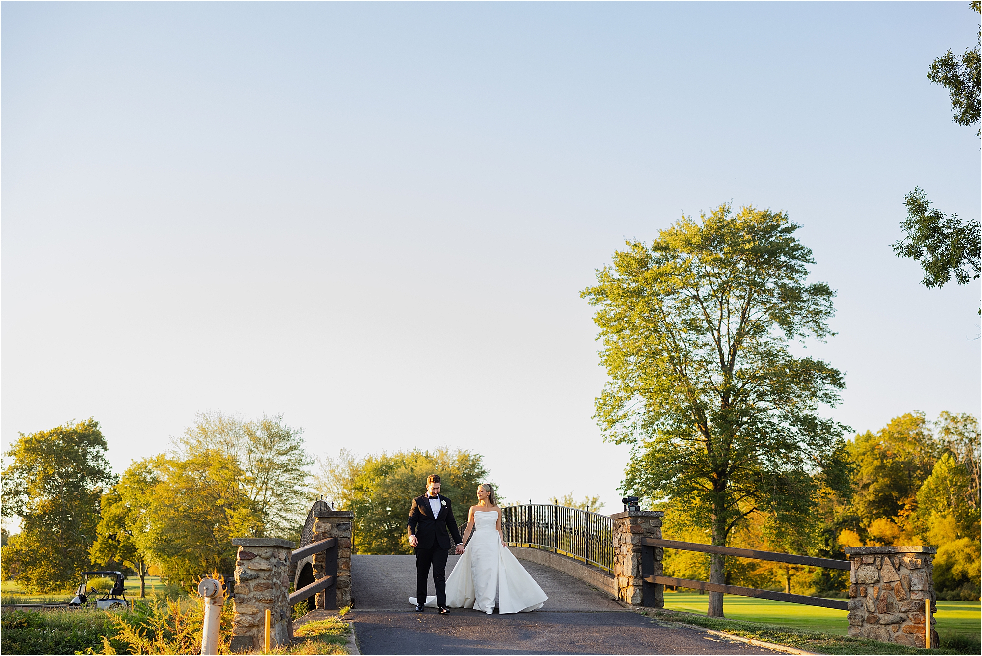 bride and groom portrait at Fiddler’s Elbow Country Club during golden hour