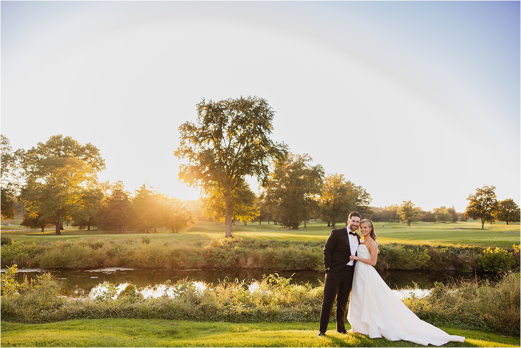 bride and groom portrait at Fiddler’s Elbow Country Club during golden hour