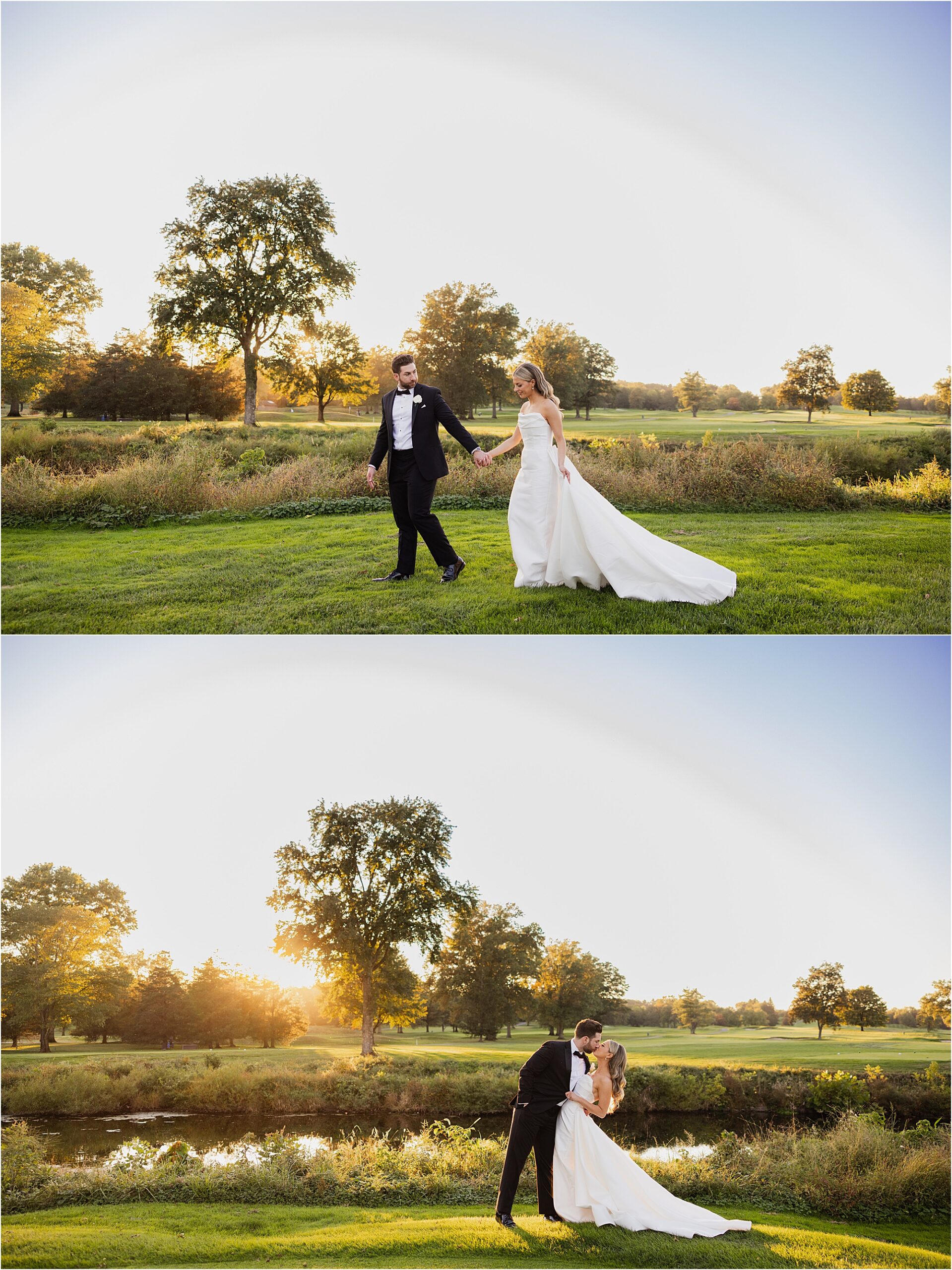 bride and groom portrait at Fiddler’s Elbow Country Club during golden hour