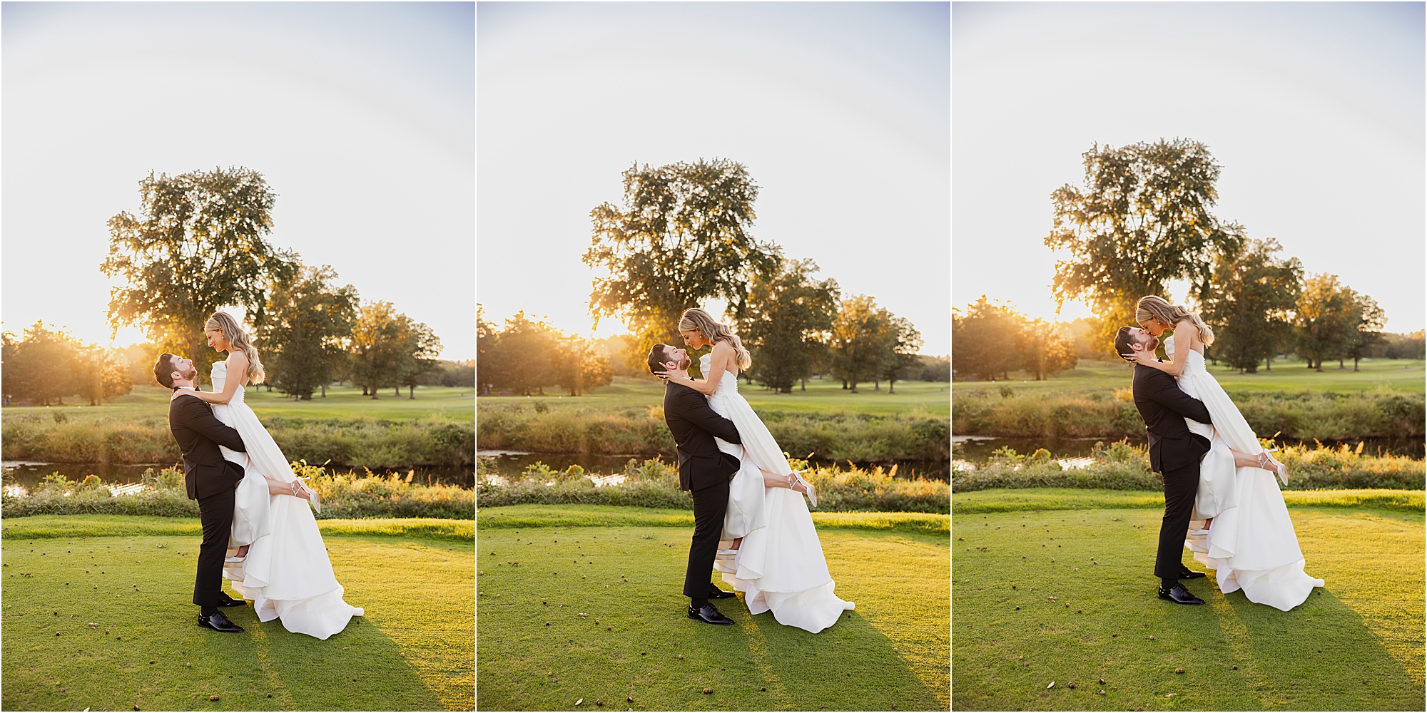 bride and groom portrait at Fiddler’s Elbow Country Club during golden hour