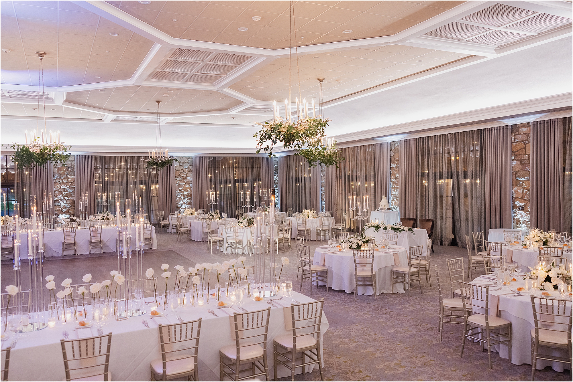 white rose wedding table design with candles and glass candelabras Fiddler's Elbow