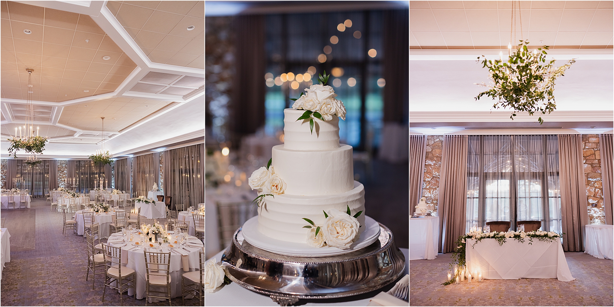 white rose wedding table design with candles and glass candelabras