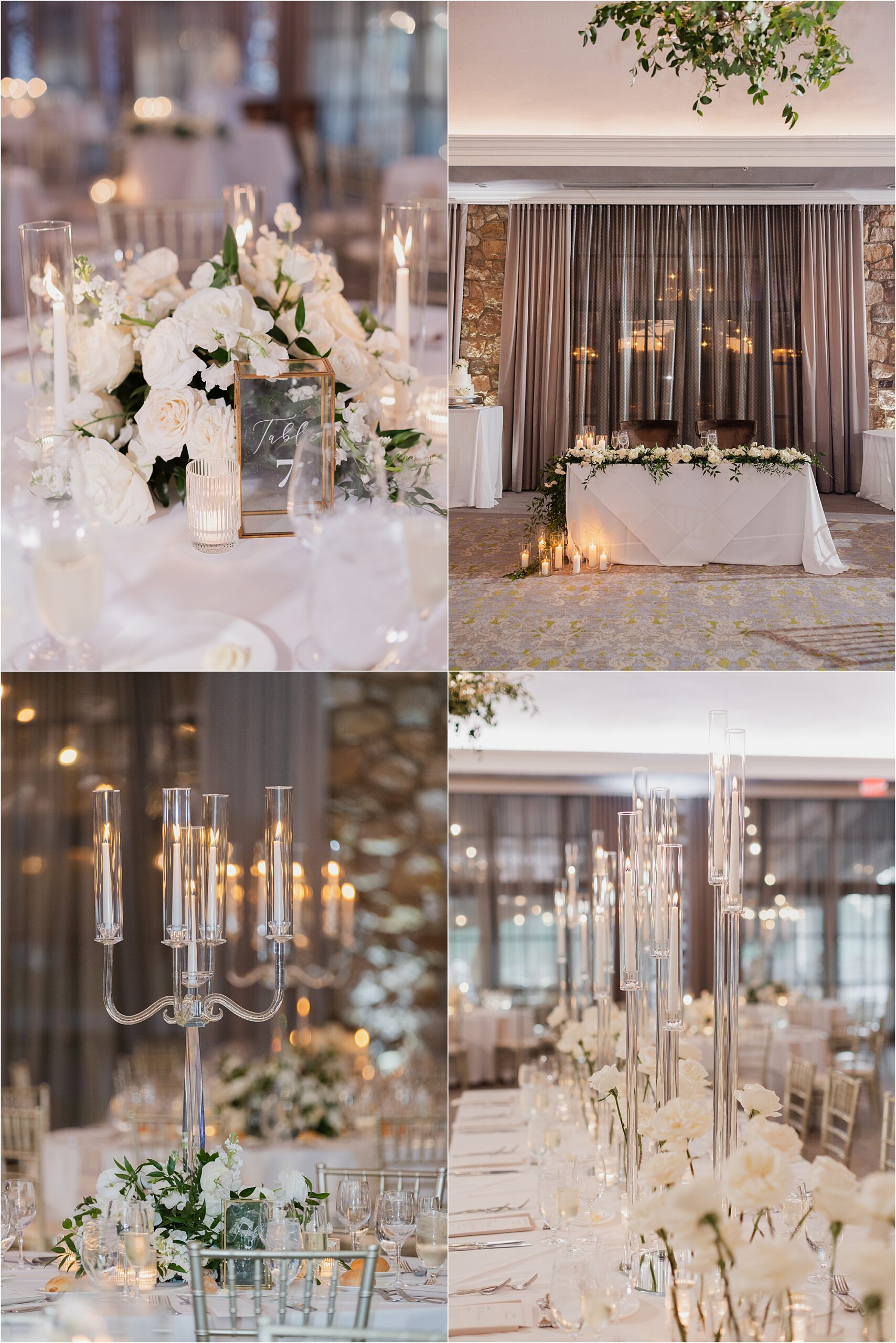 white rose wedding table design with candles and glass candelabras