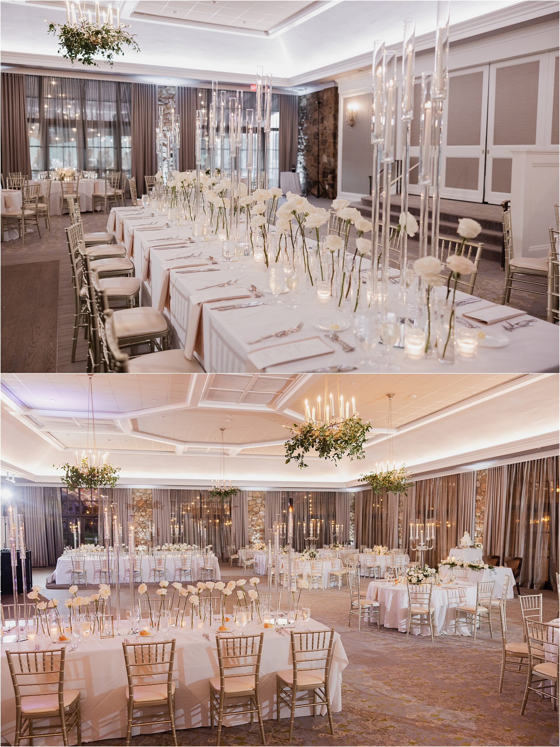 white rose wedding table design with candles and glass candelabras Fiddler's Elbow