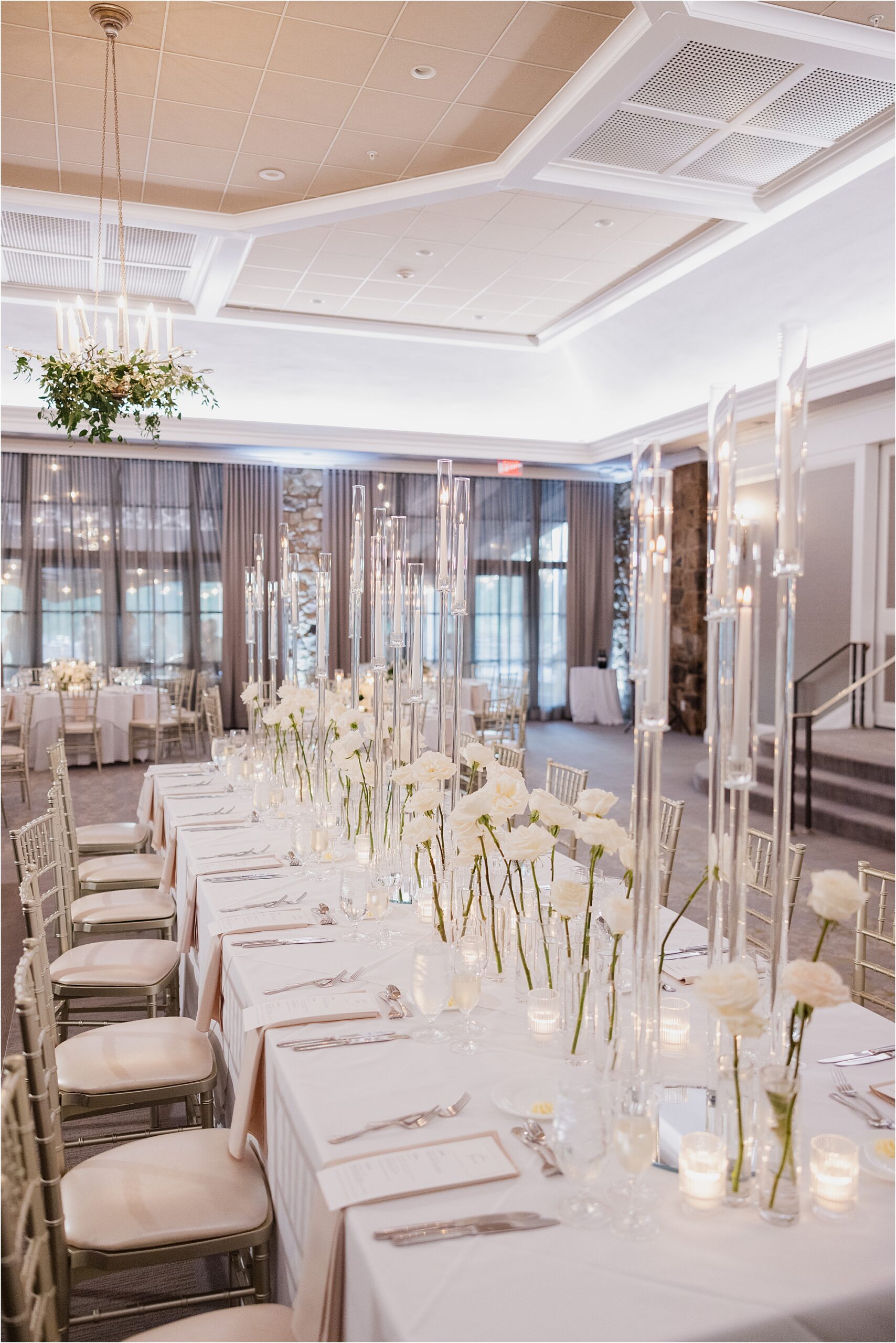 white rose wedding table design with candles and glass candelabras Fiddler's Elbow