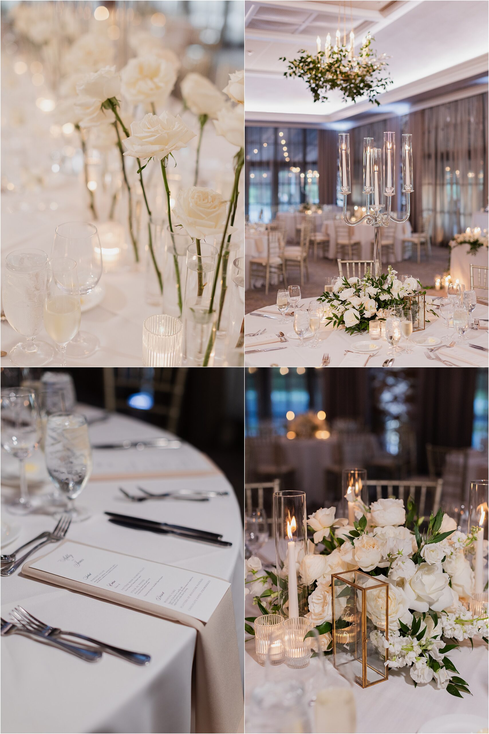 white rose wedding table design with candles and glass candelabras Fiddler's Elbow