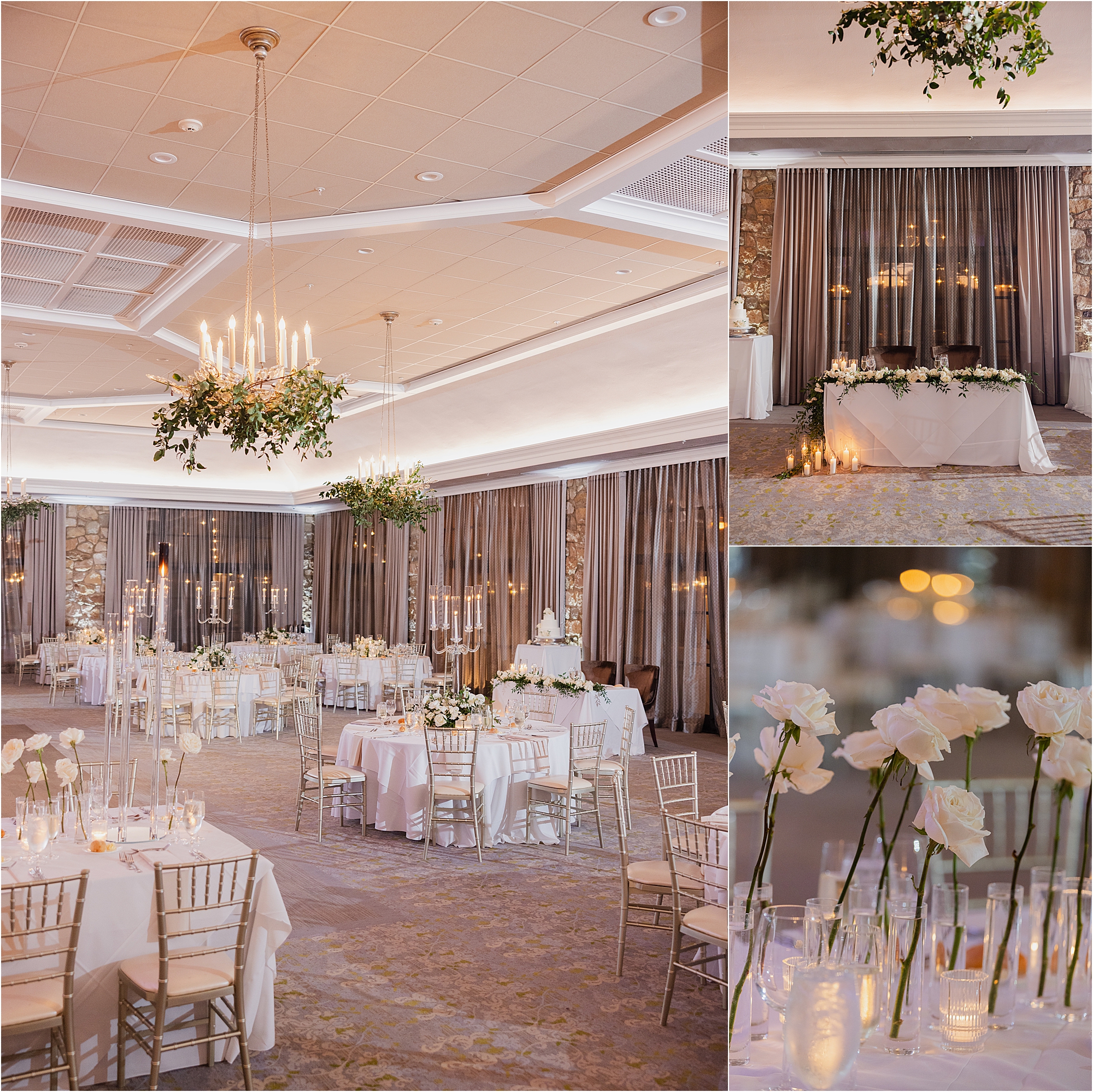 white rose wedding table design with candles and glass candelabras Fiddler's Elbow